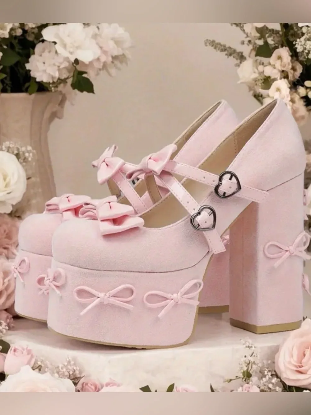 Pink Bow Platform Mary Jane Chunky Heels
